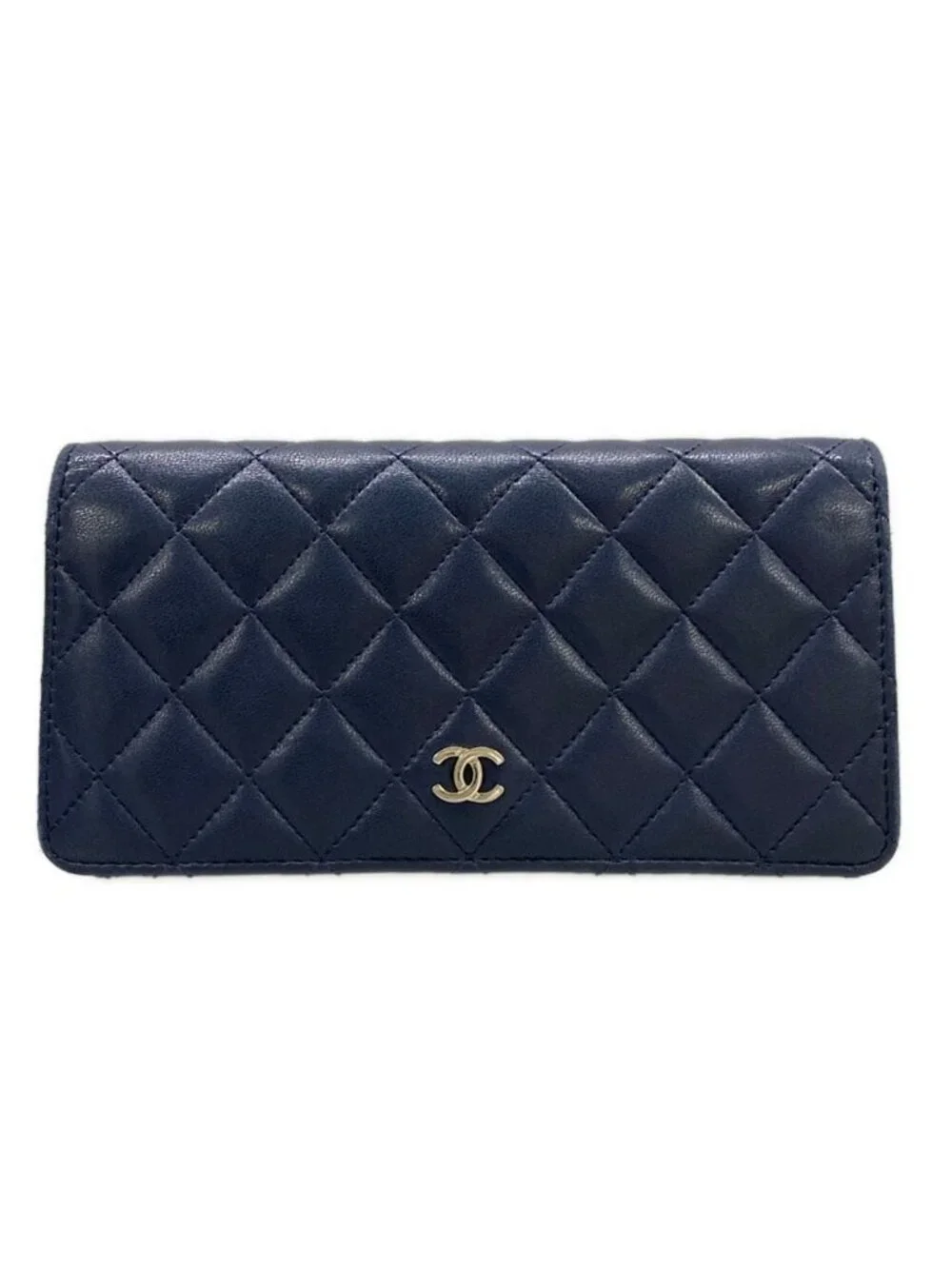Chanel Wallet Quilted Timeless Classic Navy CC Logo Silver Lambskin